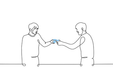two men clink glasses standing and smiling - one line drawing vector. celebration concept, having a drink with a friend or colleagues