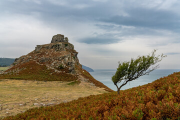 Fototapeta na wymiar Valley of the Rocks landscape in Exmoor in North Devon with an expressive overcast sky
