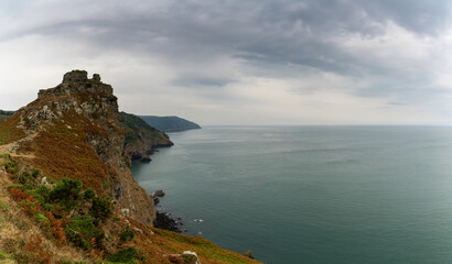 Fototapeta na wymiar Valley of the Rocks landscape in Exmoor in North Devon with an expressive overcast sky