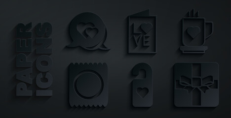 Set Please do not disturb with heart, Coffee cup and, Condom in package, Gift box, Valentines day party flyer and Heart speech bubble icon. Vector