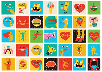 Big Set of Different colored Vector illustartions for posters in Cartoon Flat design. Hand drawn Abstract shapes, faces, different texture funny Comic characters.