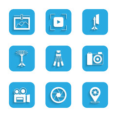 Set Tripod, Camera shutter, Photo camera, Retro cinema, Studio light bulb softbox, and frame icon. Vector