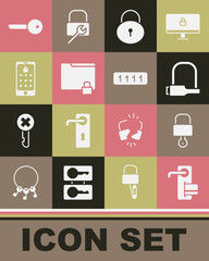 Set Digital door lock, Lock and key, Bicycle, Folder, Mobile graphic password, Key and Password protection icon. Vector
