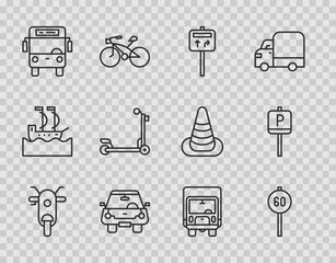 Set line Scooter, Speed limit traffic, Road signpost, Car, Bus, Delivery cargo truck and Parking icon. Vector