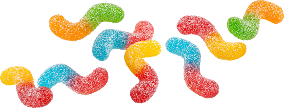 Falling sour gummy worms isolated 