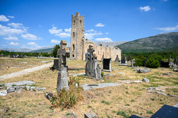 Old church and graves. Church of the Holy Salvation or Holy Saviour, village Cetina, Vrlika,...