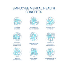 Mental health at workplace blue concept icons set. Employees wellbeing. Workforce resilience thin line color illustrations. Isolated symbols. Editable stroke. Roboto-Medium, Myriad Pro-Bold fonts used