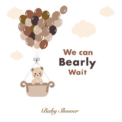 We can bearly wait text with teddy bear and hot air balloon. Baby shower greeting card with teddy bear and balloon greeting card.