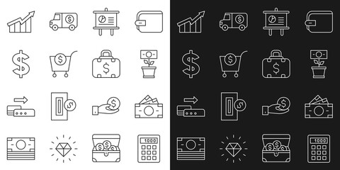 Set line Calculator, Stacks paper money cash, Money plant in the pot, Chalkboard with diagram, Shopping cart and dollar, Dollar symbol, Financial growth increase and Briefcase icon. Vector