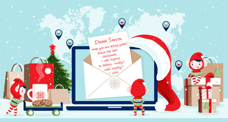 Little elfs work with Christmas gifts for children, helping Santa Claus. Elfs read kid`s letter opened at laptop screen, bring cookies. Modern online mail technology. Cartoon style vector illustration