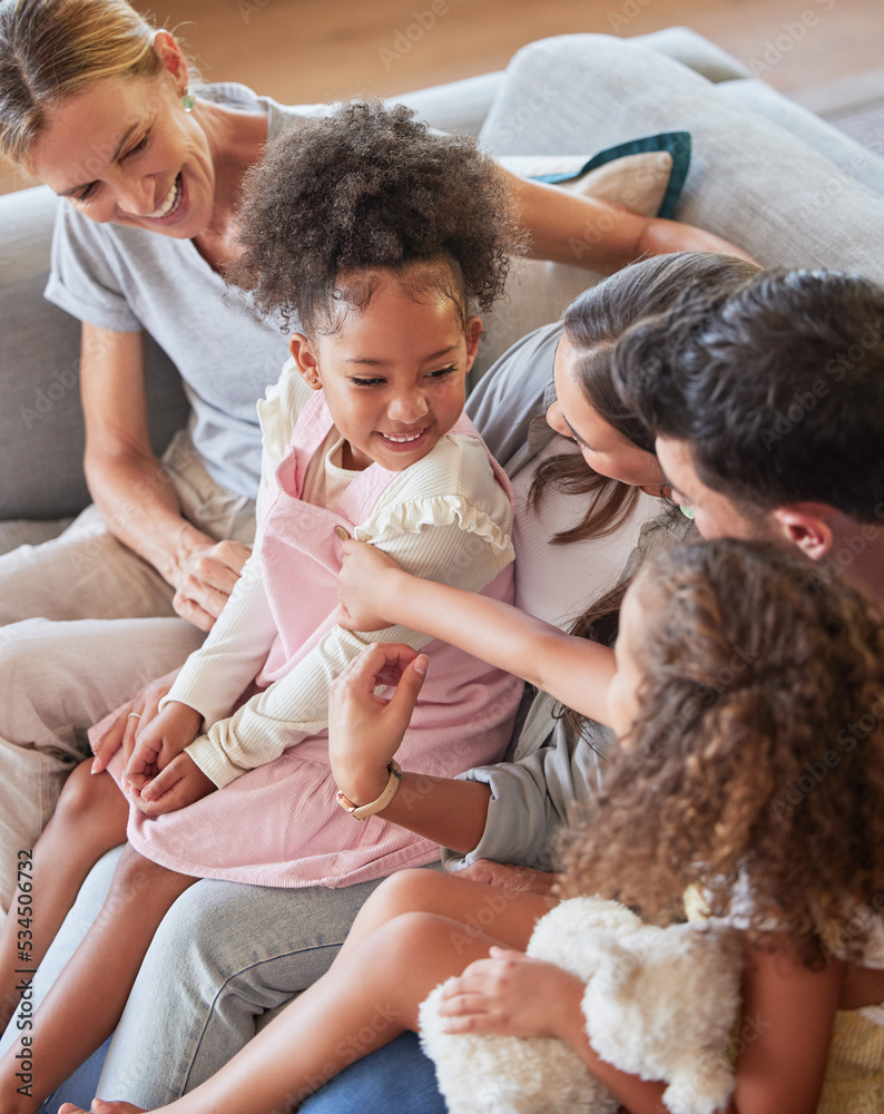 Canvas Prints Relax, love and big family with adoption children bonding with parents and grandmother in home. Happy black kids resting with caucasian dad and mom together on living room sofa in house.