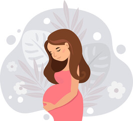 pregnant cute woman holding her belly . Pregnancy r illustration in cartoon style.