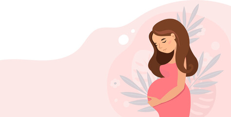 pregnant cute woman holding her belly . Pregnancy  illustration in cartoon style.