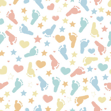 Baby foot print, stars and heart baby shower seamless fabric design pattern