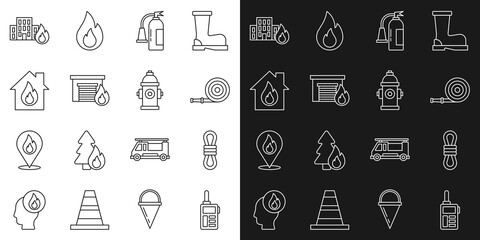 Set line Walkie talkie, Climber rope, Fire hose reel, extinguisher, burning garage, house, buildings and hydrant icon. Vector