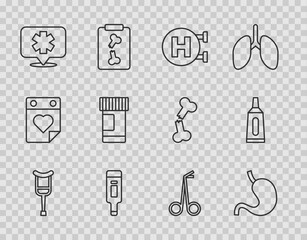 Set line Crutch or crutches, Human stomach, Hospital signboard, Digital thermometer, Medical symbol of Emergency, Medicine bottle and pills, scissors and Ointment cream tube medicine icon. Vector