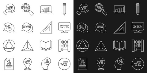 Set line Square root of x glyph, Abacus, XYZ Coordinate system, Laptop with graph chart, Discount percent tag, and Triangular ruler icon. Vector