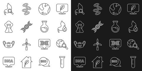 Set line Test tube and flask, Magnifying glass with globe, Stomach heartburn, Earth, DNA symbol, Chemical explosion, magnifying and icon. Vector