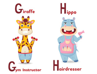 Latin alphabet ABC animal professions starting with letter g giraffe gym and letter h hippo hairdresser instructor in cartoon style.