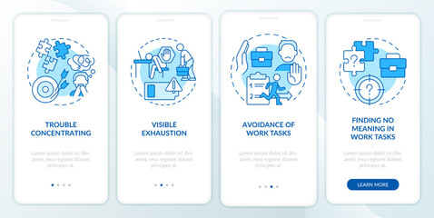 Fototapeta na wymiar Work exhaustion symptoms blue onboarding mobile app screen. Burnout walkthrough 4 steps editable graphic instructions with linear concepts. UI, UX, GUI template. Myriad Pro-Bold, Regular fonts used