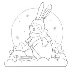 Rabbit skiing children's coloring book. Happy bunny in a scarf and on skis coloring page. Vector black and white illustration.