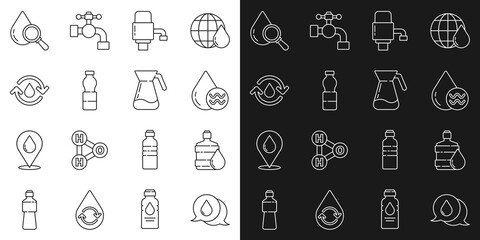 Set line Water drop with speech bubbles, Big bottle clean water, Recycle aqua, Mechanical pump for, Bottle of, Drop and magnifying glass and Jug icon. Vector