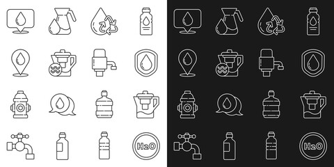 Set line Chemical formula for H2O, Water jug with filter, Waterproof, Recycle clean aqua, drop location, and Mechanical pump water icon. Vector