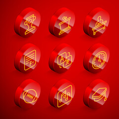 Set line Award cup, Stage stand, Schoolboy sitting at desk, Exam paper with incorrect answers, Translator, Clock, American football ball and Music note, tone icon. Vector