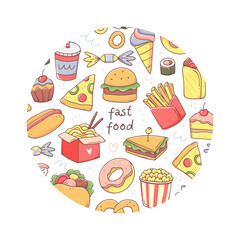 Circle shape with fast food in kawaii doodle style and text. Vector isolated food clipart illustration.
