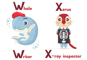 Latin alphabet ABC animal professions starting with letter w whale writer and letter x xerus x-ray inspector in cartoon style.