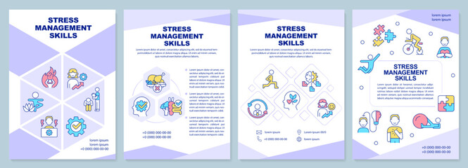Fototapeta Stress management skills purple brochure template. Healthcare. Leaflet design with linear icons. Editable 4 vector layouts for presentation, annual reports. Arial-Black, Myriad Pro-Regular fonts used obraz