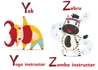 Latin alphabet ABC animal professions starting with letter  y yak yoga instructor and letter z zebra zamba instructor in cartoon style.
