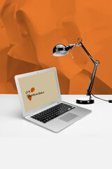 Vertical collage picture of wireless netbook table lamp working desktop isolated on creative painted background
