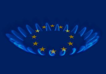 European Union and gas crisis - EU flag over a gas stove