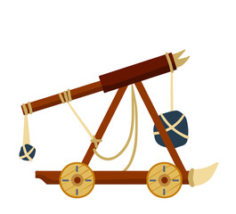 Catapult. Ancient weapons for the siege of the fortress. Wooden medieval artillery ballista. - obrazy, fototapety, plakaty