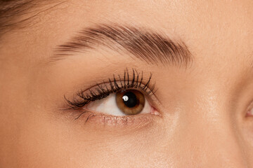 Obraz premium Brown eyes. Close up portrait of beautiful young girl looking away. Concept of cosmetics