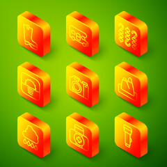 Set line Waterproof rubber boot, RV motorhome vehicle, Grilled shish kebab on skewer, Sunrise, Photo camera, Mountains, Cloud with rain and First aid kit icon. Vector