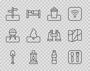Set line Shovel, Fork and spoon, Trash can, Camping lantern, Road traffic sign, Tree, Bottle of water and hiking map icon. Vector