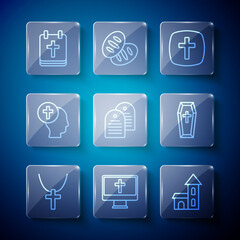 Set line Christian cross on chain, monitor, Church building, Holy bible book, Priest, Calendar with Easter and Coffin icon. Vector