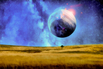 Fototapeta na wymiar Planet vs nature astronomy blue sky yellow field background 