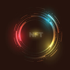 NFT nonfungible token wallpaper concept with purple coin with glow light background