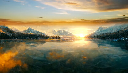 orange sunset  at Baikal lake ice  frozen water ,sun down and  sky reflection on sea water wave and on horizon mountains  and forest nature landscape