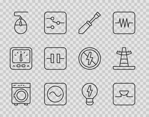Set line Washer, Buzzer in electronic circuit, Screwdriver, AC voltage source, Computer mouse, Electrolytic capacitor, Creative lamp light idea and Electric tower line icon. Vector