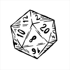 20 sided dice with numbers. Cartoon dice for fantasy dnd and rpg Board game. - obrazy, fototapety, plakaty
