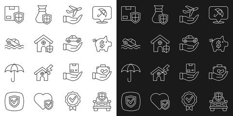 Set line Car insurance, Travel suitcase hand, Piggy bank, Plane, House with shield, Flood car, Delivery security and icon. Vector