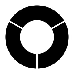 Pie chart, diagram. Black filled circle, no stroke, divided in thirds, in three, 3, parts. Isolated png illustration, transparent background. Asset for overlay, montage, presentation. Business concept