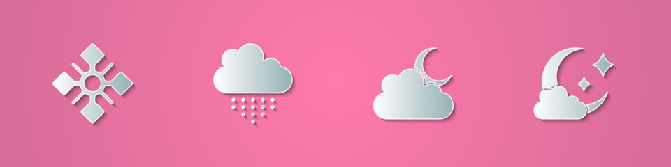 Set paper cut Snowflake, Cloud with rain, moon and icon. Paper art style. Vector