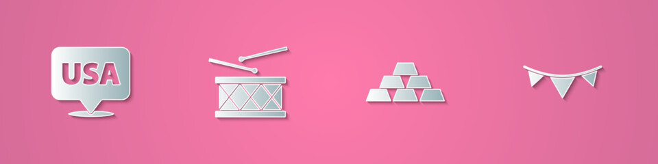 Set paper cut USA Independence day, Drum and drum sticks, Gold bars and Carnival garland with flags icon. Paper art style. Vector