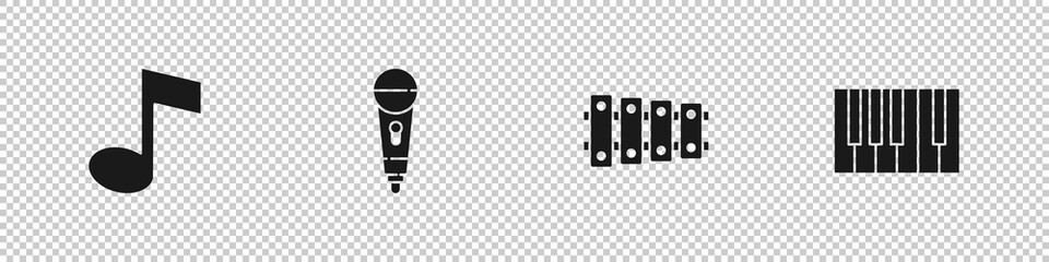 Set Music note, tone, Microphone, Xylophone and Grand piano icon. Vector