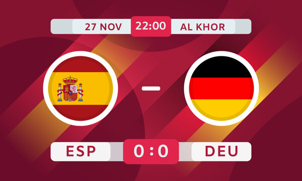 Spain vs Germany Match Design Element. Soccer Championship Competition Infographics. Announcement, Game Score, Scoreboard Template. Vector Illustration